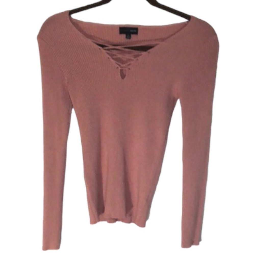 Ambiance Apparel Rose Pink V-Neck Ribbed Sweater - Size S